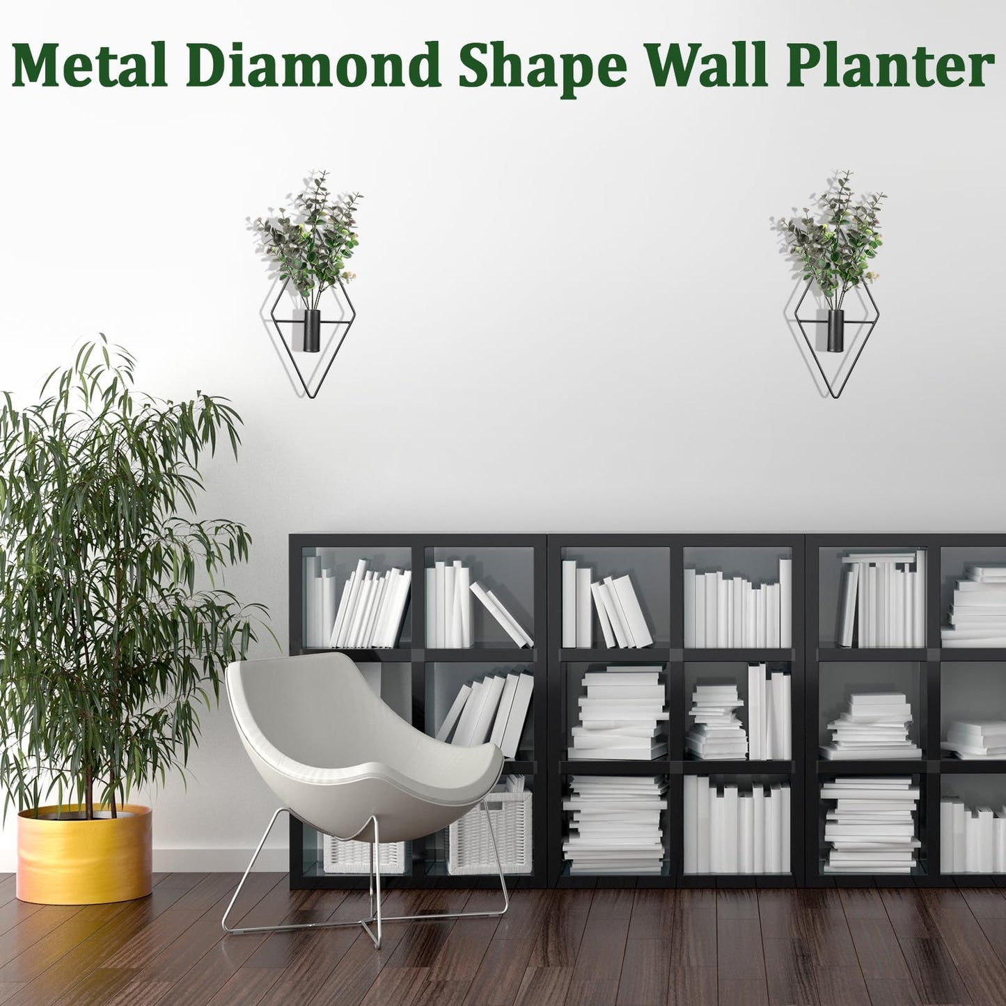 Mowouhn 2Pcs Hanging Planters with Artificial Eucalyptus Metal Hanging Vase,Indoor Plants Holder,Diamond Shape Wall Planter Holder,Modern Geometric Plants Hanging Wall Decor for Home Living Room