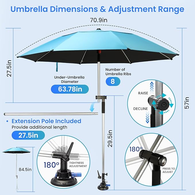 Hnemix 60” HVAC Umbrella with Magnetic Base Replacement with Vacuum Suction Base Portable and Adjustable 180° Shade Reinforced Portable Work Umbrella Kit for Outdoor Activities and HVAC Work
