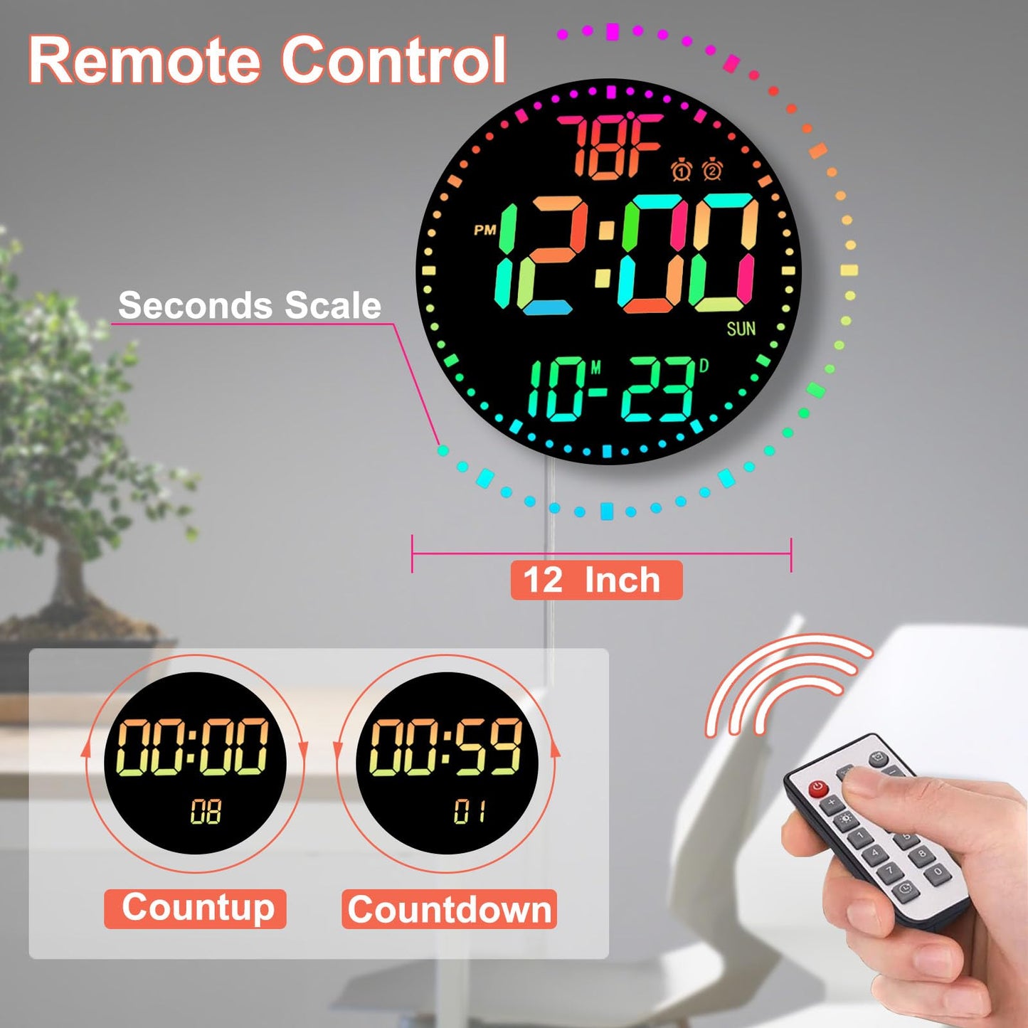 QINFIEY Large 12" RGB Color Changing Digital Wall Clock with Remote Control | LED Display Plug-in Clock with 3 Brightness Levels & Temperature Display | Perfect for Home, Gym, Classroom, Office