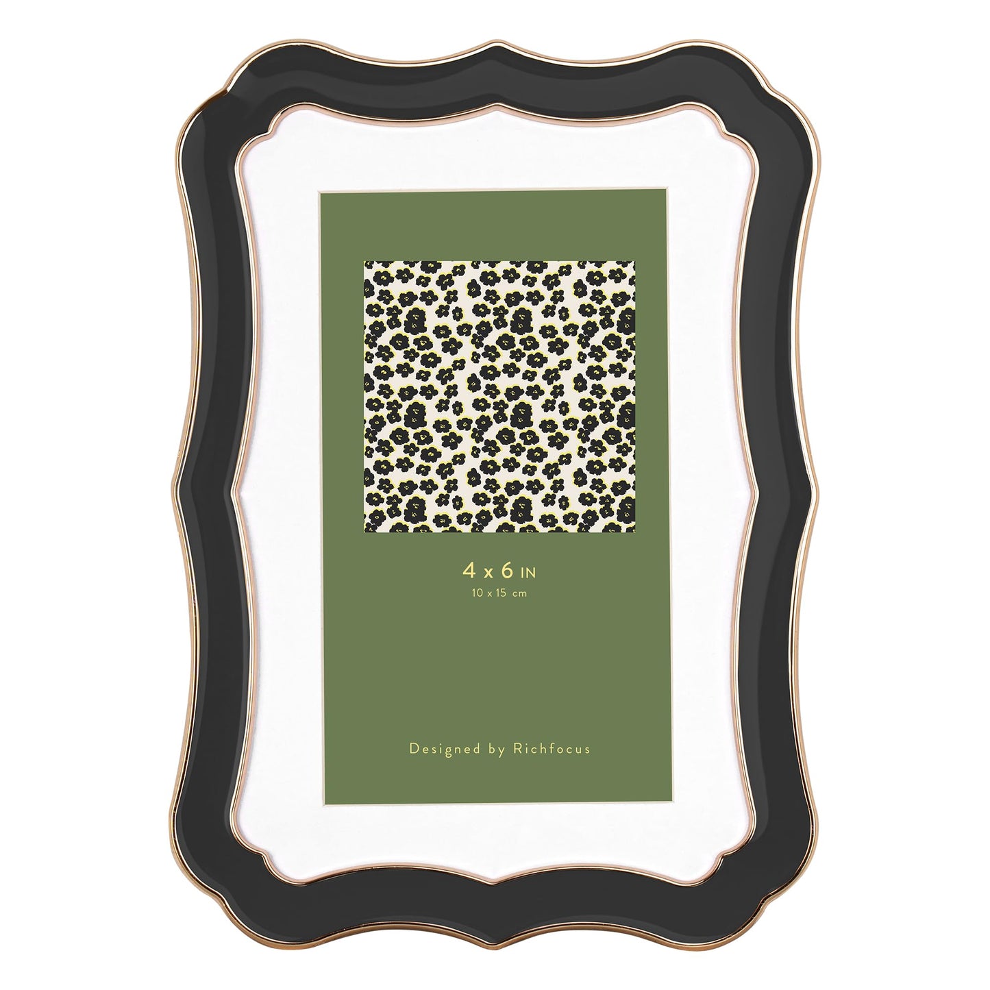 4x6 Enamel Picture Frame with HD-Tempered Glass, Display 3x5 Photo with Mat, Ornate Photo Frame with Gold Metal Edge & Velvet Back for Tabletop & Wall Mount Vertically or Horizontally Display, Black