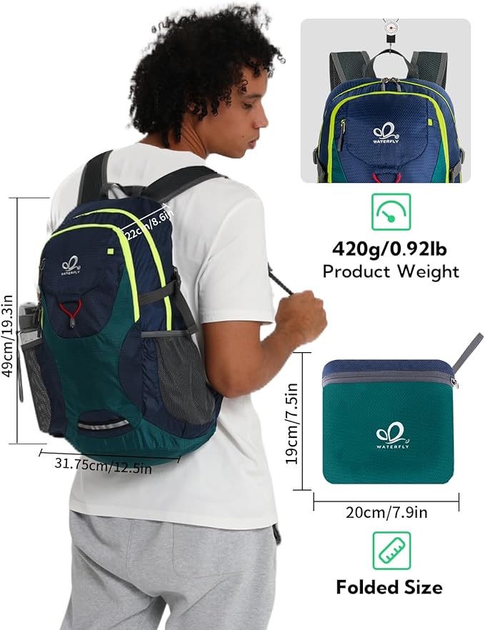 WATERFLY Lightweight Packable Hiking Backpack: 30L Foldable Travel Daypack Ultralight Camping Day Pack for Woman Man