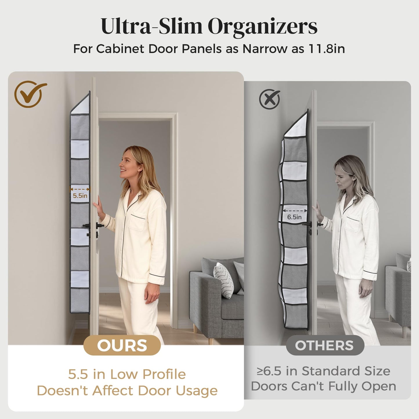 Ordovibe 5 Tiers Ultra-thin Over Door Organizer with 10 Mesh Side Pockets, 44 lbs Weight Capacity Hanging Storage Organizer with Clear Window Kids Toys, Shoes, Diapers, White & Grey