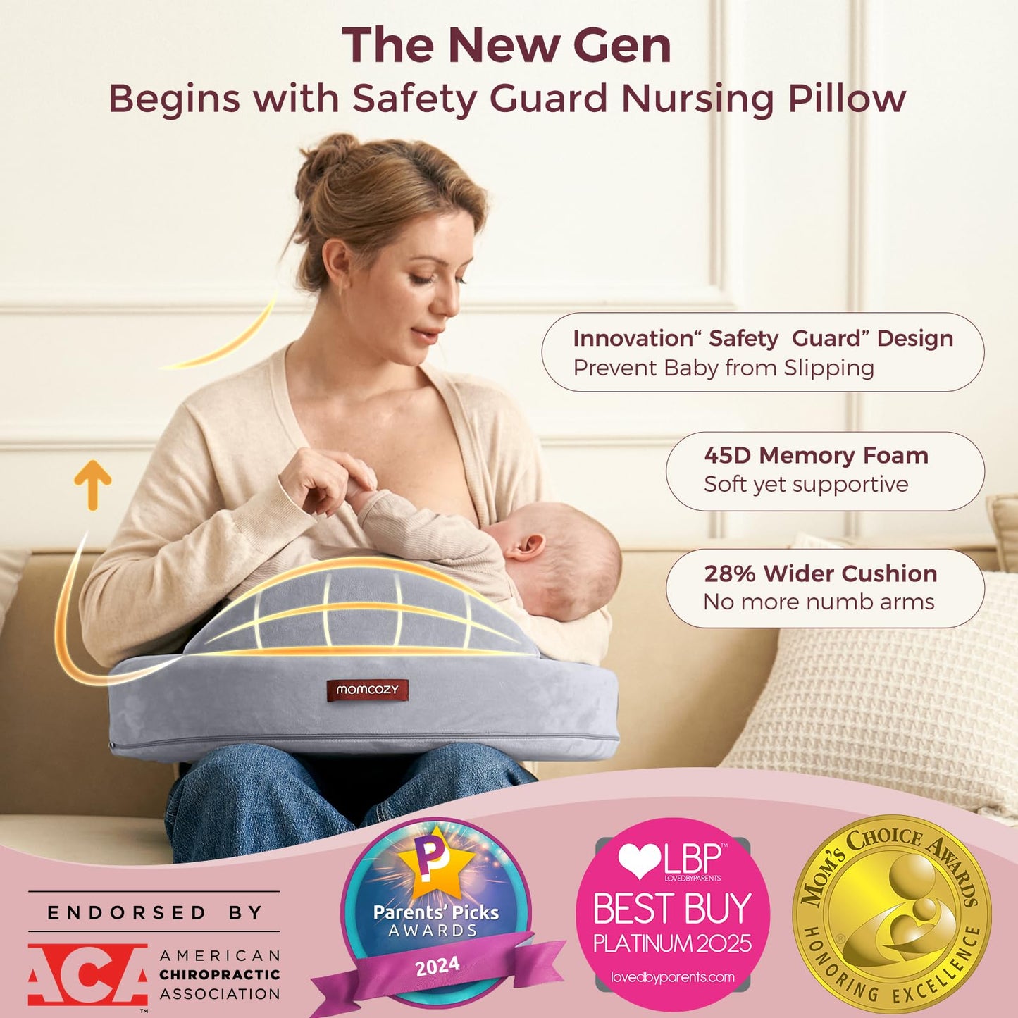 Momcozy Innovative Safety Guard Nursing Pillow - Firm & Springy Memory Foam - Stable, Ergonomic Support & Comfort - Wider Breastfeeding Cushion, Adjustable, Removable Cover, Baby Safety Certified