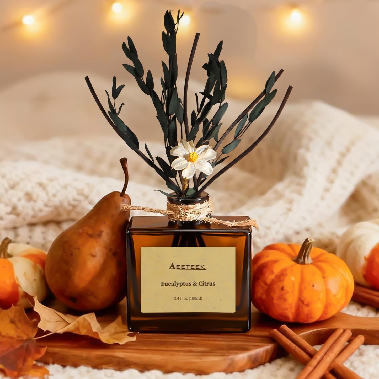 Aeeteek Reed Diffuser, Eucalyptus & Citrus Scented Oil Diffusers for Home with Dried Flowers, 3.4 Fl Oz Essential Oil Diffuser for Bathroom, Elegant Fragrance for Room Decor