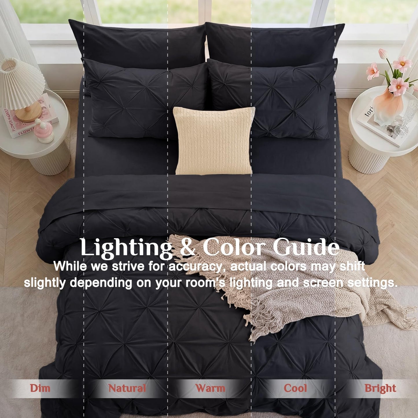 JOLLYVOGUE Black Queen Comforter Set 7 Pieces - Bed in a Bag Queen for All Season, Pintuck Bedding Comforter Sets with Comforter, Flat Sheet, Fitted Sheet and Pillowcases & Shams