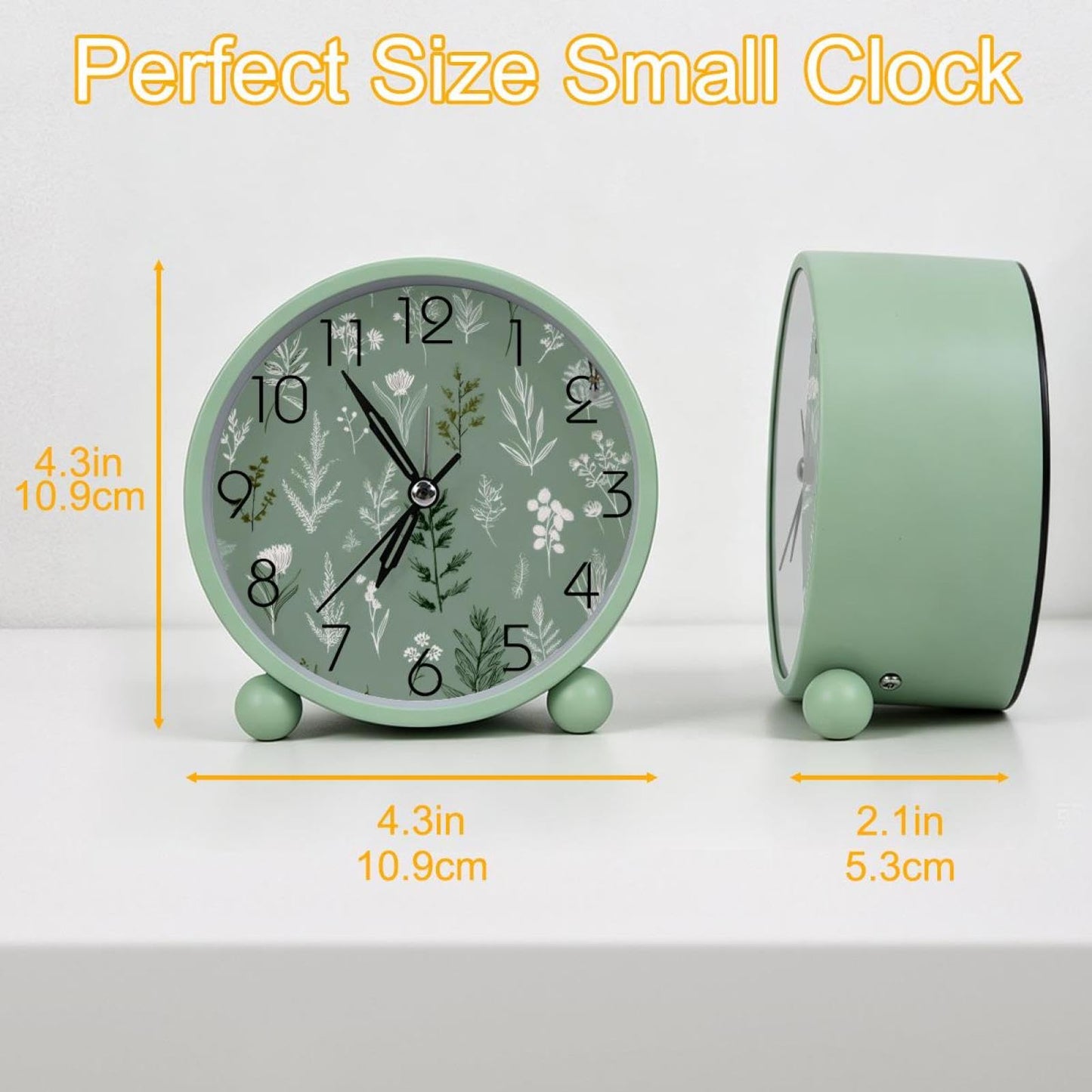 IROLSKDNFH 4.3" Decorative No Ticking Analog Alarm Clock, Battery Operated Desk Clock with Light, Easy to Set, for Bedroom, Kids, Seniors, Sage Green Botanical Mix Seamless Pattern