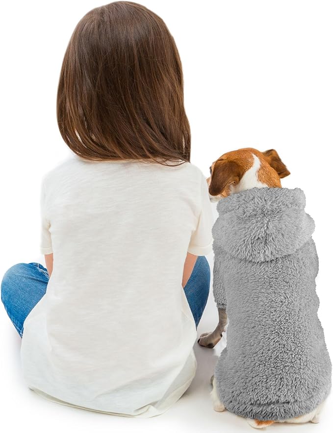Fuzzy Dog Sweaters for Small Dogs Soft Double-Sided Plush Fleece Pet Sweater Clothes Pet Coats Dog Hoodie Sherpa Hooded Sweatshirt(Grey-S)
