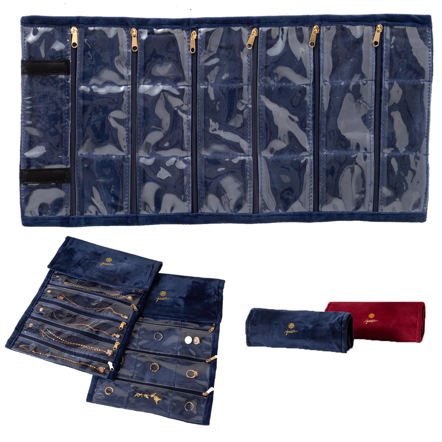 YQQZUM Travel jewelry organizer-Portable organizers and storage Soft Velvet travel case with Zippered, Compact Storage for Earrings, Rings, Necklaces, Studs, for Women(Blue, 18Pockets)
