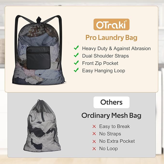 OTraki Mesh Laundry Bag Backpack 24x32 Inch Gym Drawstring Backpack Travel Dirty Clothes Bags with Pocket & Adjustable Shoulder Straps for Laundromat Home College Dorm Apartment (Black)