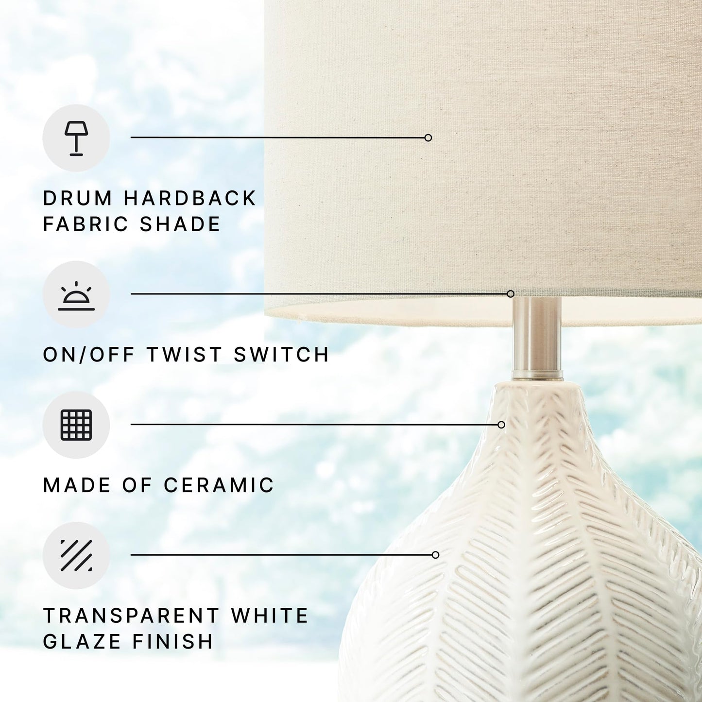 Signature Design by Ashley Rainermen Casual Ceramic Table Lamp, Transparent White Glaze Finish, Drum Hardback Fabric Shade, 11" W x 11" D x 21" H, Off White