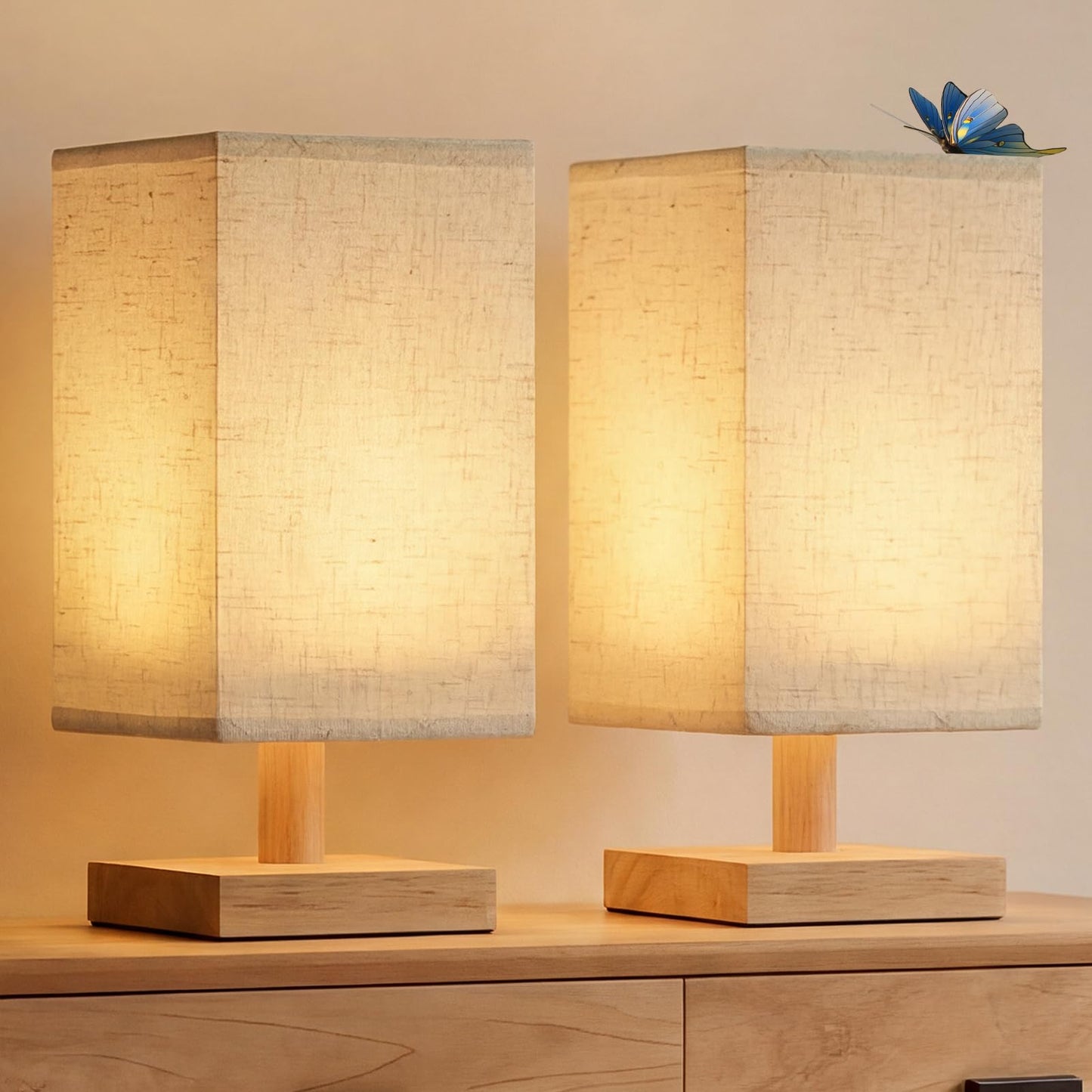 Oizuon Small Table Lamp Set of 2, Square Short Bedside Lamps 2700K Warm LED with Linen Shade & Wood Base, USB Mini Nightstand Lamps for Bedroom Living Room