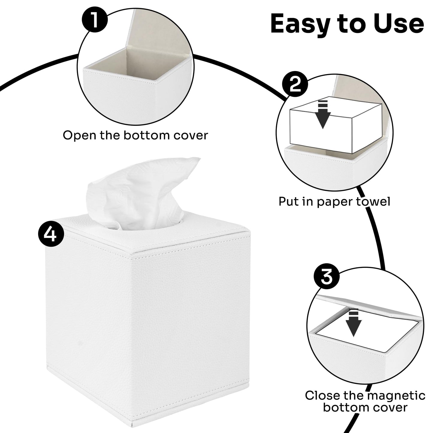 DODAMOUR Square Tissue Box Cover, White PU Leather Cube Holder with Magnetic Bottom, Sturdy MDF Structure Facial Tissue Dispenser for Bathroom Vanity Nightstand (White)
