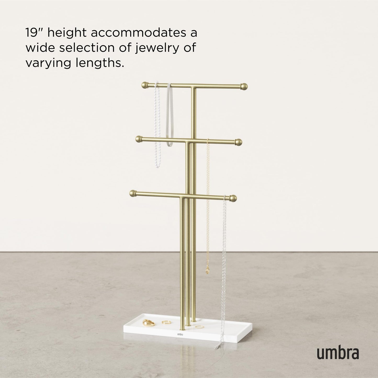 Umbra Trigem Hanging Jewelry Organizer Tiered Tabletop Free Standing Necklace Holder Display, White/Gold