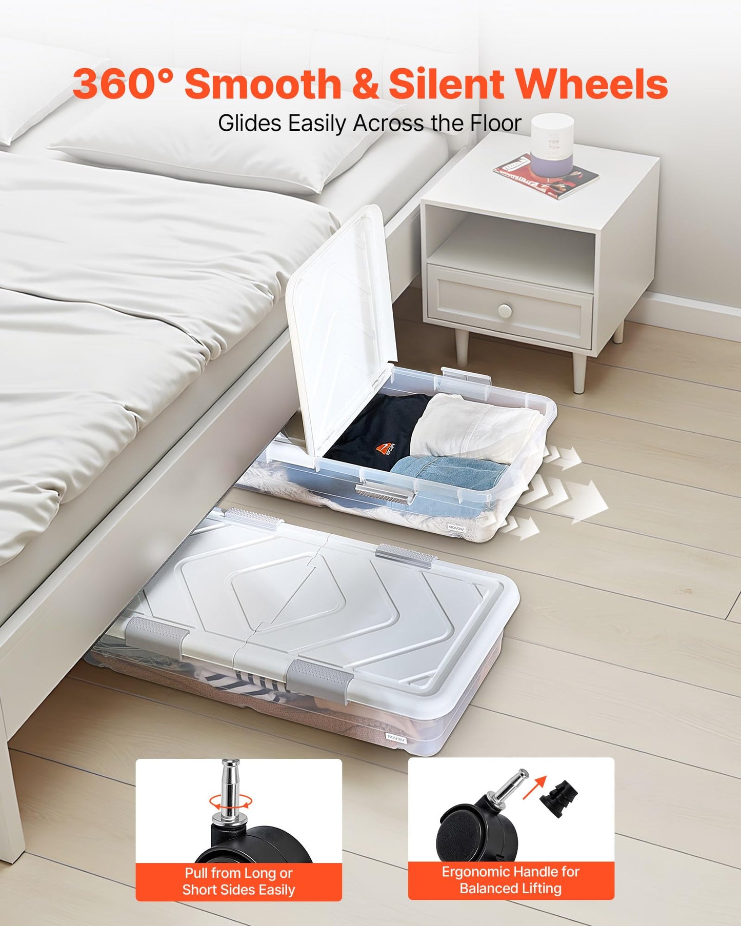 VEVOR Under Bed Storage with Wheels, 39.8 x 20.1 x 5.9 inch Underbed Containers, Underbed Shoes Organizer with Lid & Gray Latch, Rolling Under the Bed Storage Bins for Clothes Shoes Blankets, 2 Pack