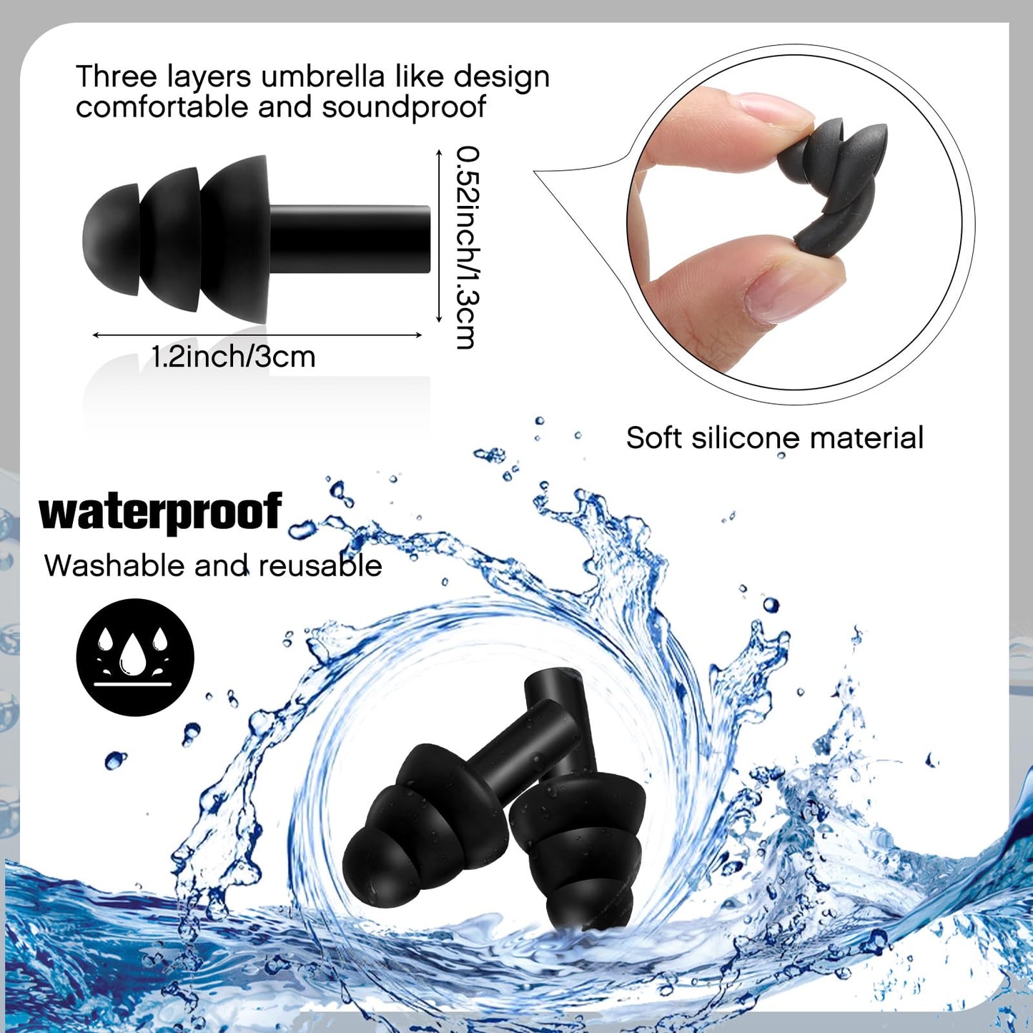 TrelaCo 200 Pairs Silicone Ear Plugs Bulk, Nrr 32db Reusable Waterproof Soft Ear Plugs for Sleeping Noise Music Concerts Hearing Protection Earplugs Swimming Shooting Construction Hunting(Black)