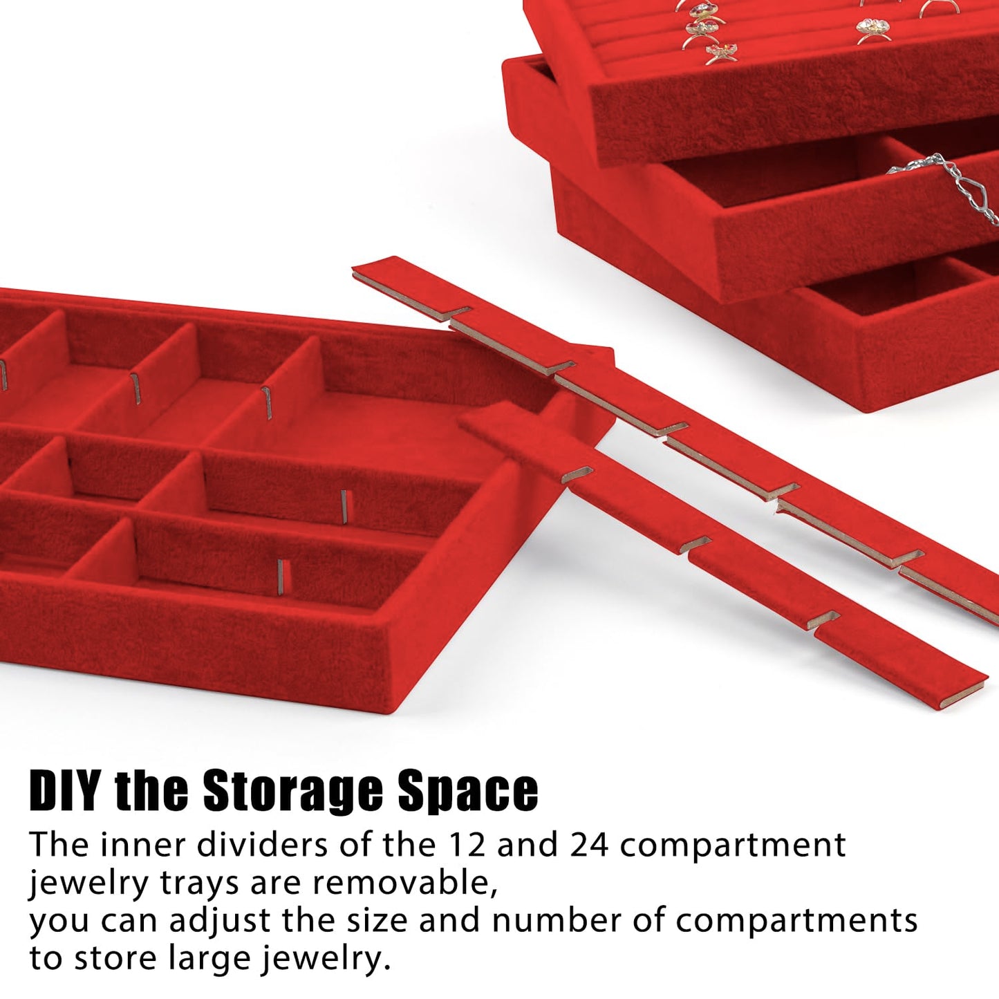 Rocutus Jewelry Trays,3 Pack Stackable Velvet Jewelry Organizer Tray Drawer Jewelry Storage Tray,Divided Ring Organizer Tray for Earrings, Necklaces, Bracelets,13.8"x9.5"x1.2" (Red)