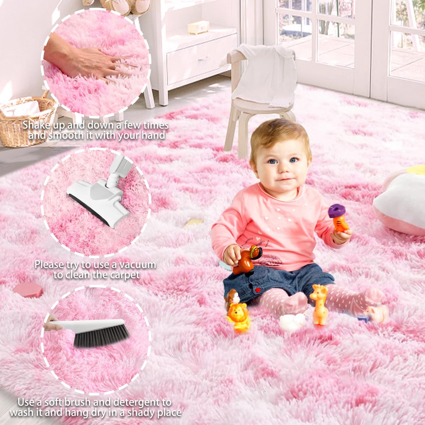 AIMECO Tie-Dyed Pink 4X6 Ft Fluffy Plush Carpet, Anti-Slip Shag Area Rug, Machine Washable Indoor Rug for Living Room, Girls Bedroom, Kids Bedside, Nursery, Home Room Decor