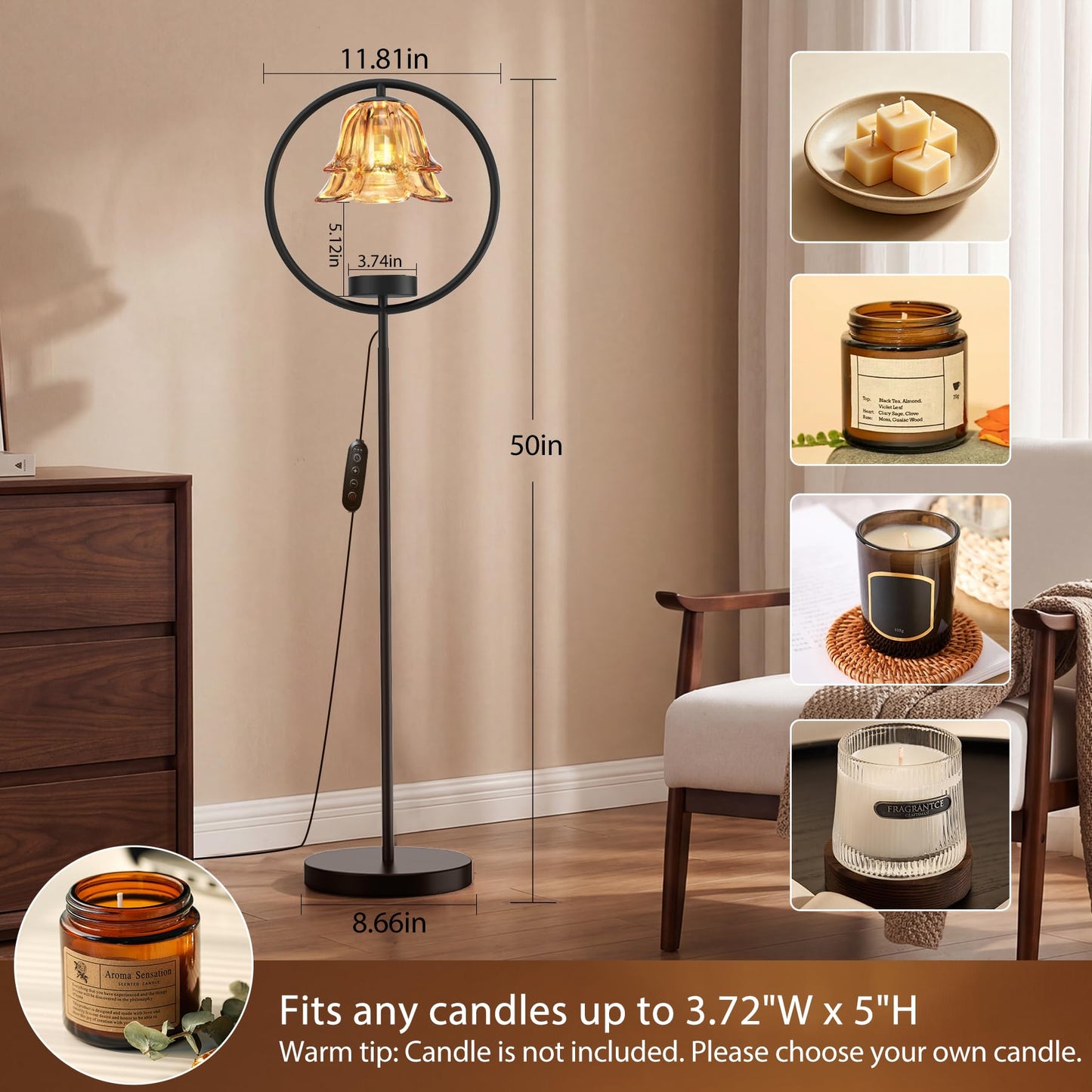 Candle Warmer Lamp with Timer & Dimmer, Black Candle Warmer Light for Jar Candles, Birthday Gifts for Women Mom Her, 50W Candle Floor Lamp for Wax Melt Warmer Modern Room Decor Light for Home(2 Bulbs)