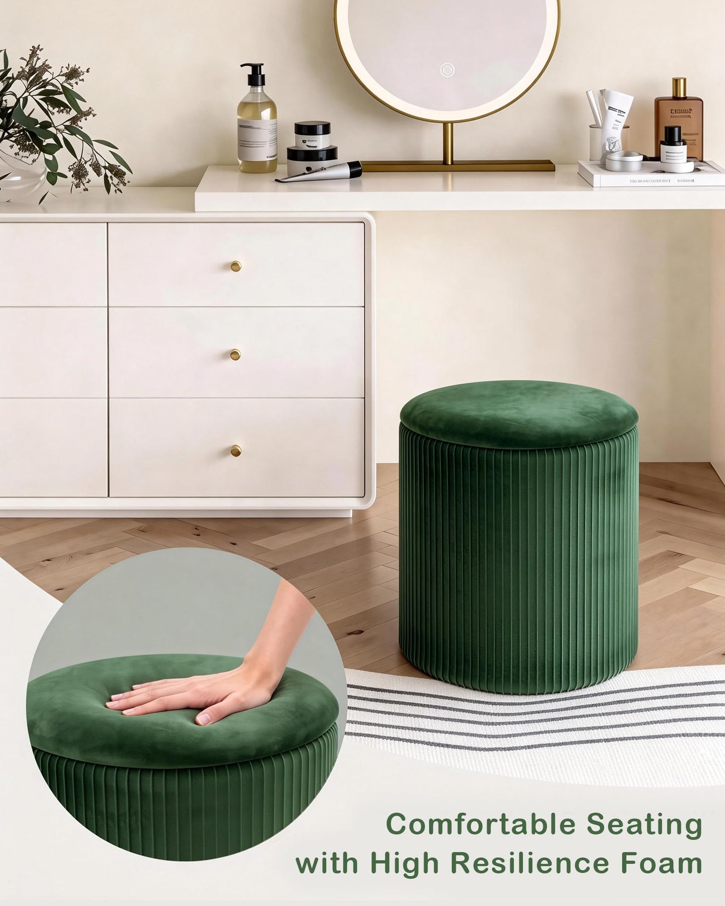 LITZFUR Round Ottoman with Storage,Velvet Upholstered Vanity Stool & Folding Foot Rest,Coffee Table for Living Room,Bedroom,Dark Green