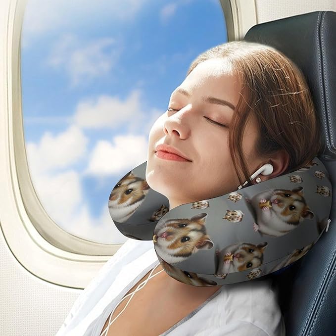 Chin Support Travel Pillow Memory Foam U Shaped Cushion Dwarf Hamster, Breathable Washable Cover for Men Women Airplane Car Sleep