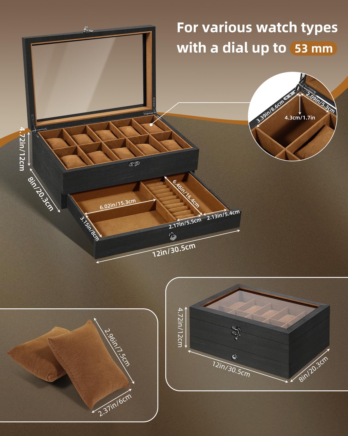Uten 10-Slot Watch Box, 2-Layers Solid Wood Watch Display Case with Glass Lid, Watch Holder Organizer with Soft Pillow and Velvet Lining, Watch and Jewelry Storage Box, Brown