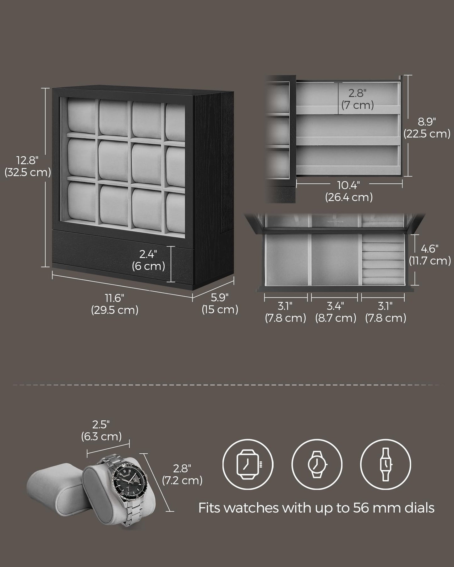 SONGMICS 12-Slot Watch Box, Watch Display Case with Window, Solid Wood Veneer, Velvet Lining, Vertical Storage, Space Saving, Fathers Day Gift for Dad, Ebony Black UJOW014B01