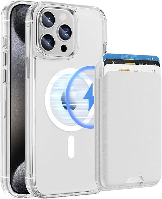 Ntwinro Magnetic for iPhone 15 Pro Max Clear Case (Compatible with MagSafe) with White Detachable Wallet & Card Holder for 3 Cards [RFID Blocking] Military Grade Protective Slim Phone Cover