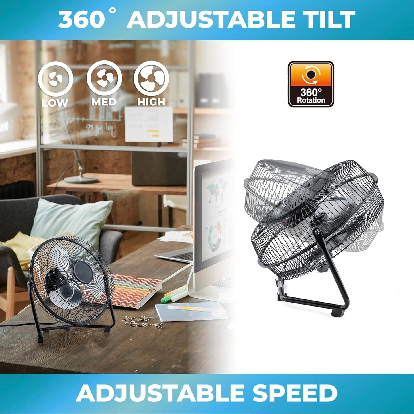 EZ-CHILL 9" Cradle Floor Fan, 3 Speed, Electric, 180 Degree Adjustable Tilt, All Metal, Carry Handle, Rubber Feet, Table Fan, Airflow 12.57 ft/sec, Ideal for Home, Bedroom & Office, MTFDB-9