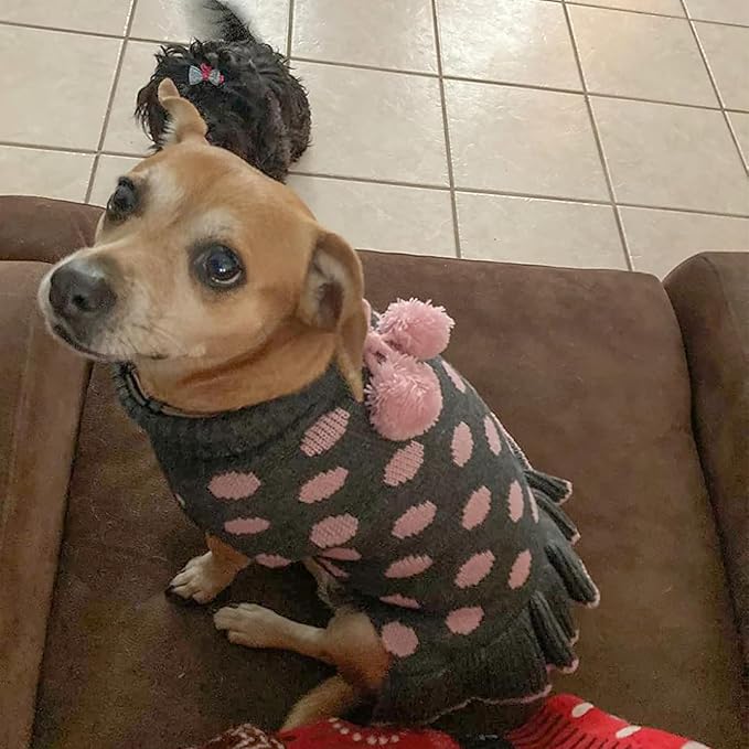 KYEESE Dog Sweater Dress Polka Dot Turtleneck Dogs Sweaters for Girl with Leash Hole Knit Pullover with Pom Pom Ball
