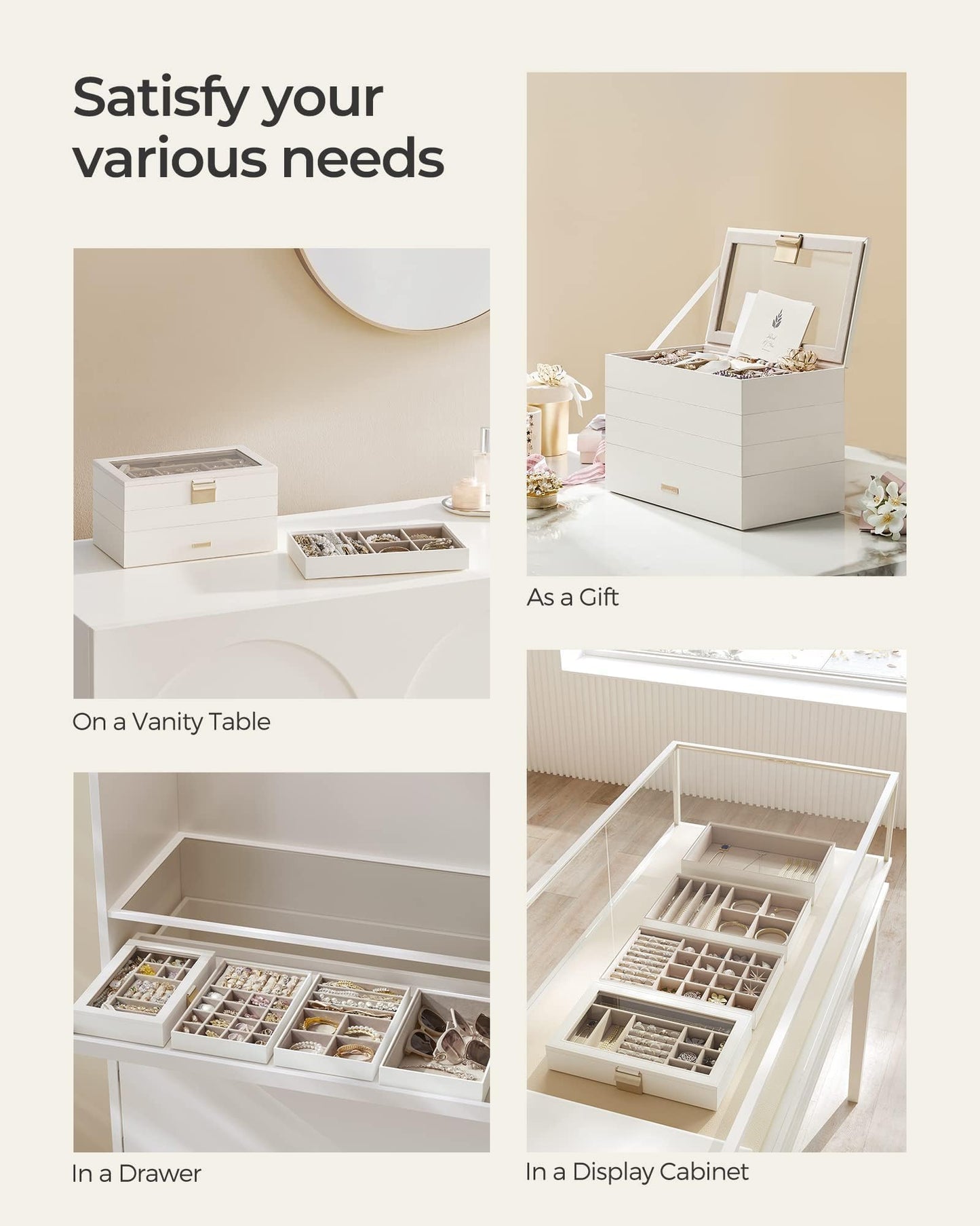 SONGMICS GISELLA Collection - Stackable Jewelry Trays, 4-Tier Jewelry Box, Drawer Jewelry Organizer, with Glass Lid, Removable Dividers, 6.7 x 11 x 7.2 Inches, Gift Idea, Cloud White UJBC164W01