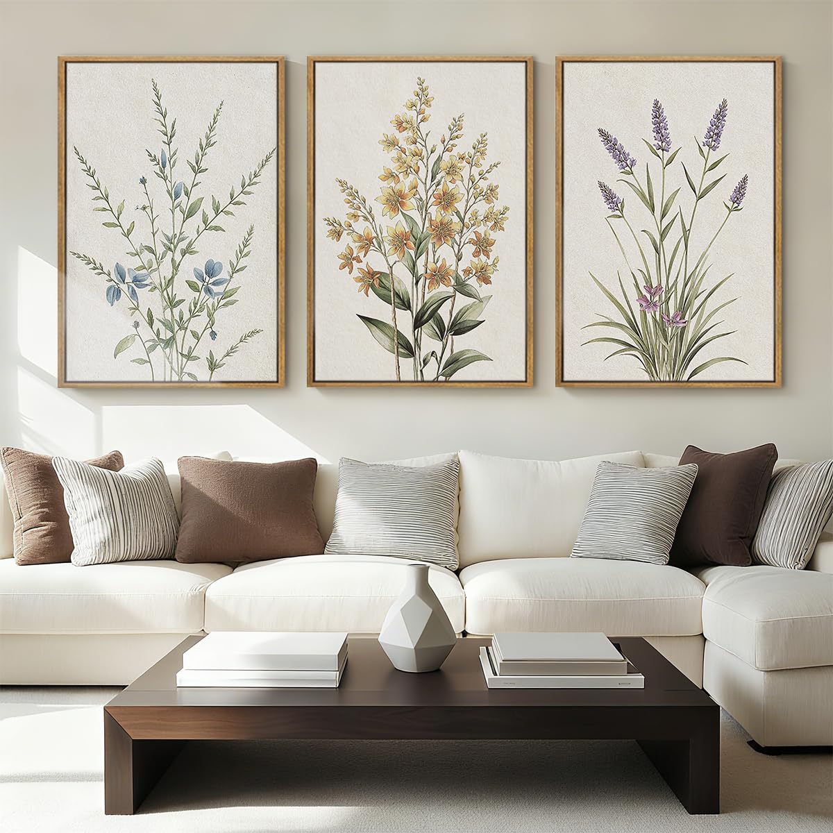 Anyzal Botanical Floral Framed Wall Art Large 16x24 Inch Modern Neutral Wildflower Canvas Art Prints Beige Cream Flower Wall Decor for Living Room Bedroom Dining Room Set of 3
