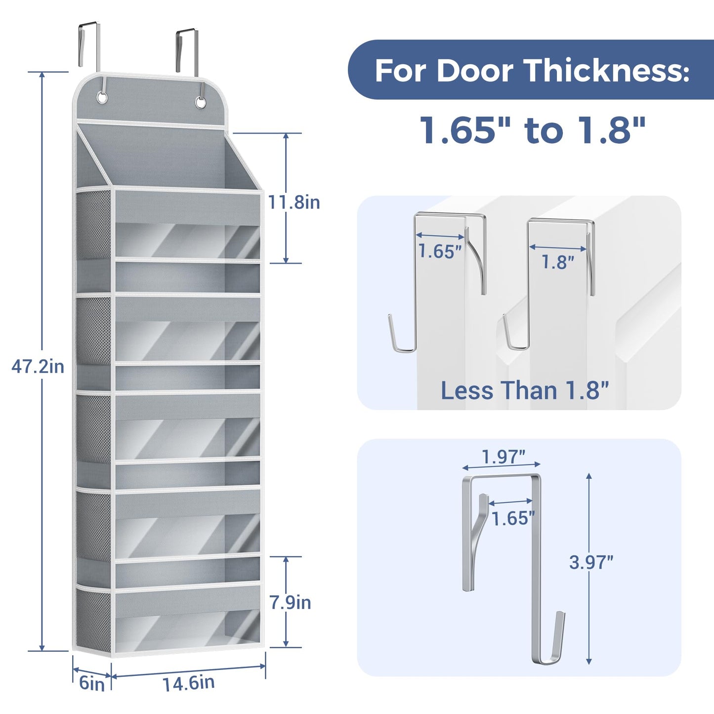 COOLBEBE Over the Door Organizer, 5-Shelf Hanging Organizer with 10 Side Pockets, 44LB Behind the Door Storage for Bathroom Bedroom Closet and Baby Essentials, Grey