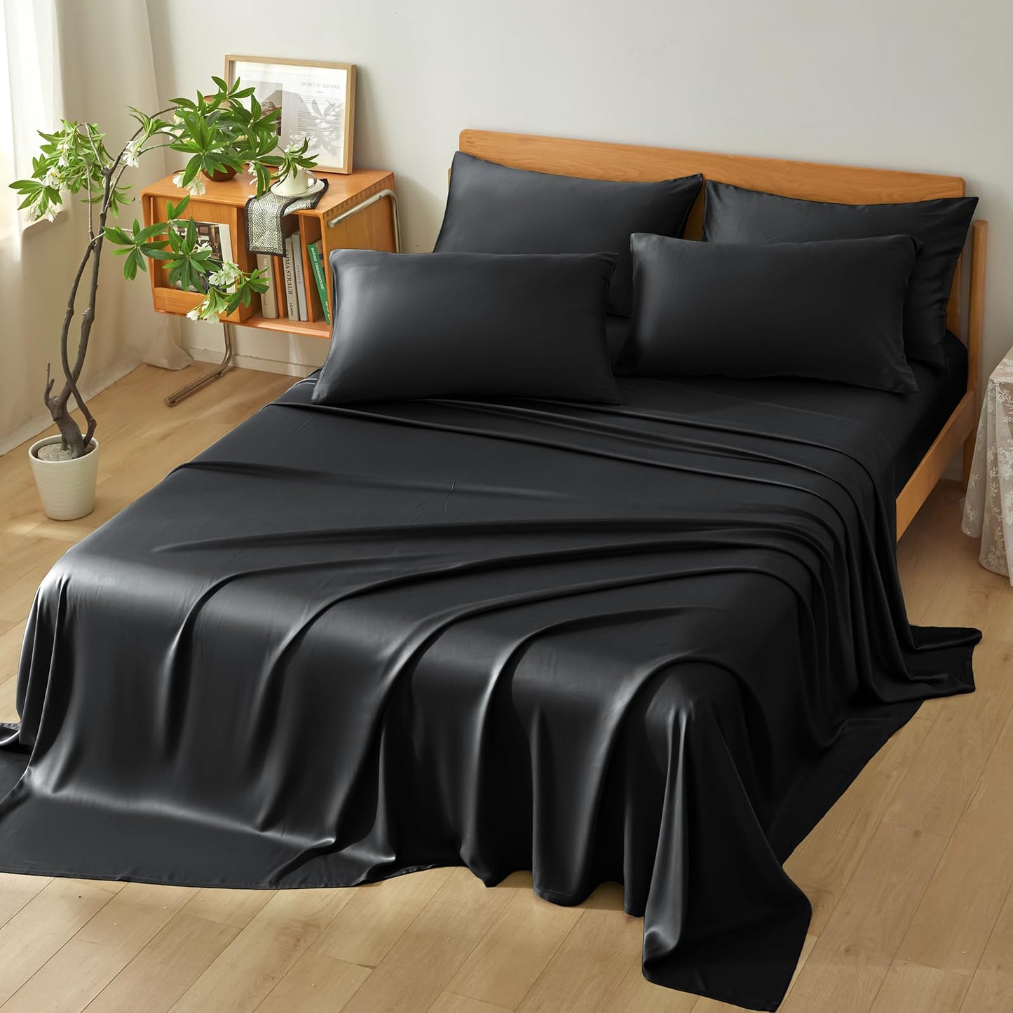 Homiest Queen Sheet Set 4pcs, 100% Rayon Derived from Bamboo Sheets, Cooling & Breathable Bedding for Hot Sleepers, Soft Luxury Sheets with 16" Deep Pocket, Hotel-Grade Silky Comfort (Black)