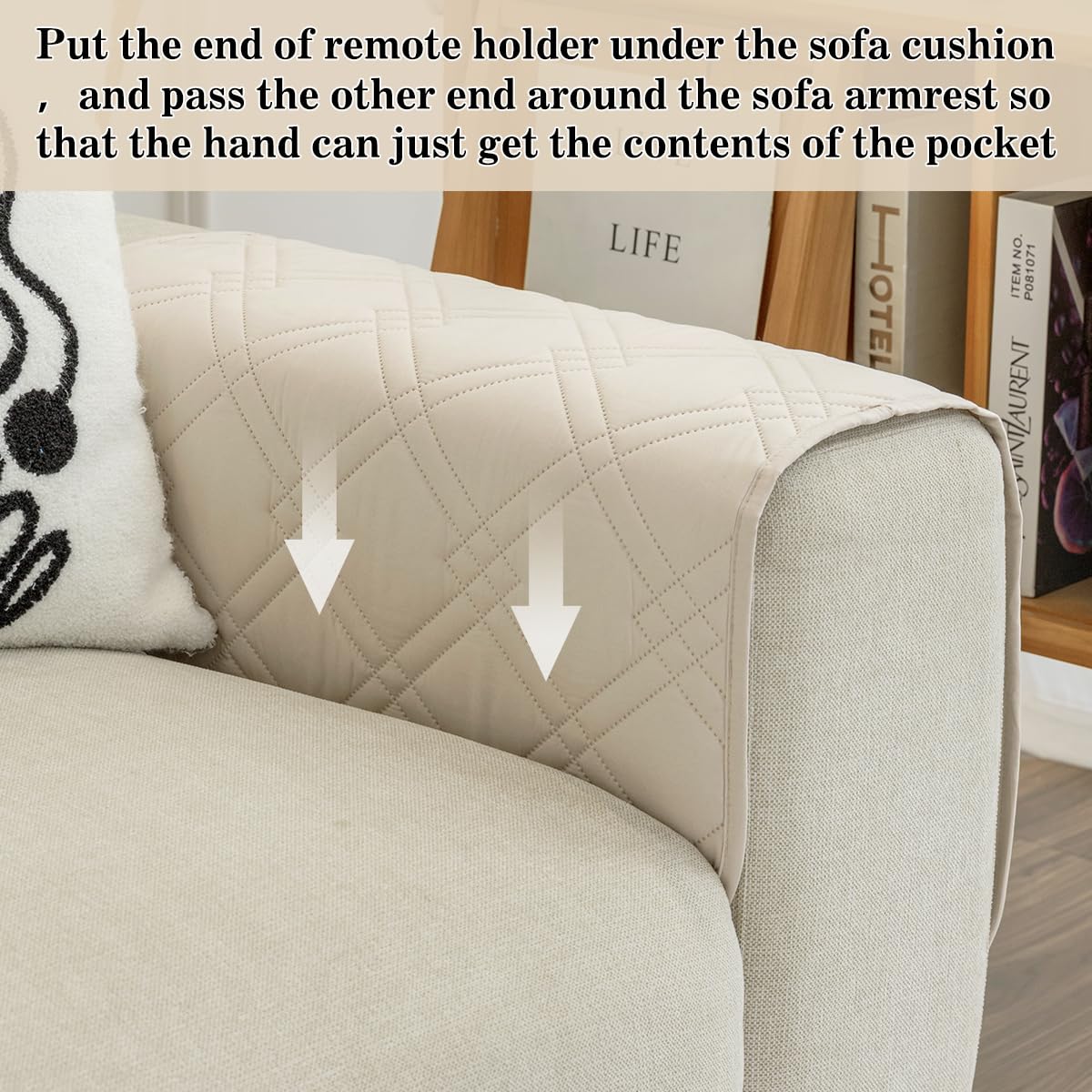 HADEEONG Couch Armrest Organizer Remote Control Holder Bedside Caddy with 6 Pockets, Non-Slip Armchair Caddy Sofa Armrest Organizer for Tv Remote Control, Magazine, Cell Phone, Beige