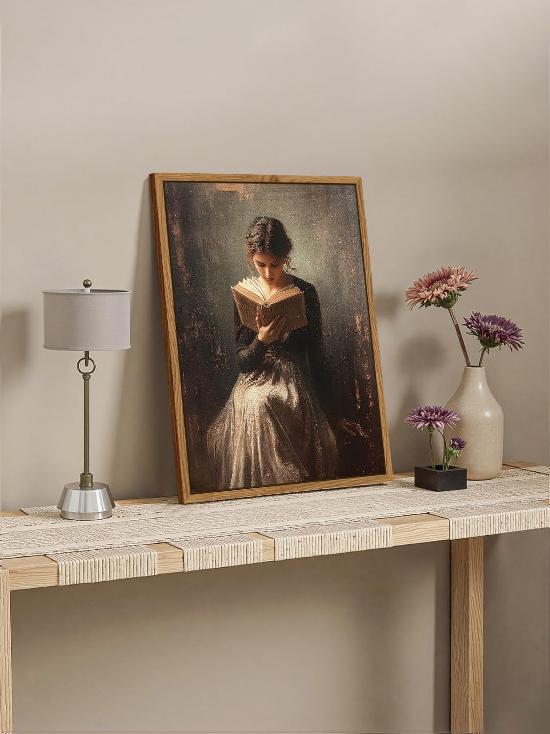 AIMAILON Framed Canvas Wall Art Retro Rustic Girl Reading Book Prints Study Artwork Small House Room Bedroom Living Room Decor Paintings Size 12x16