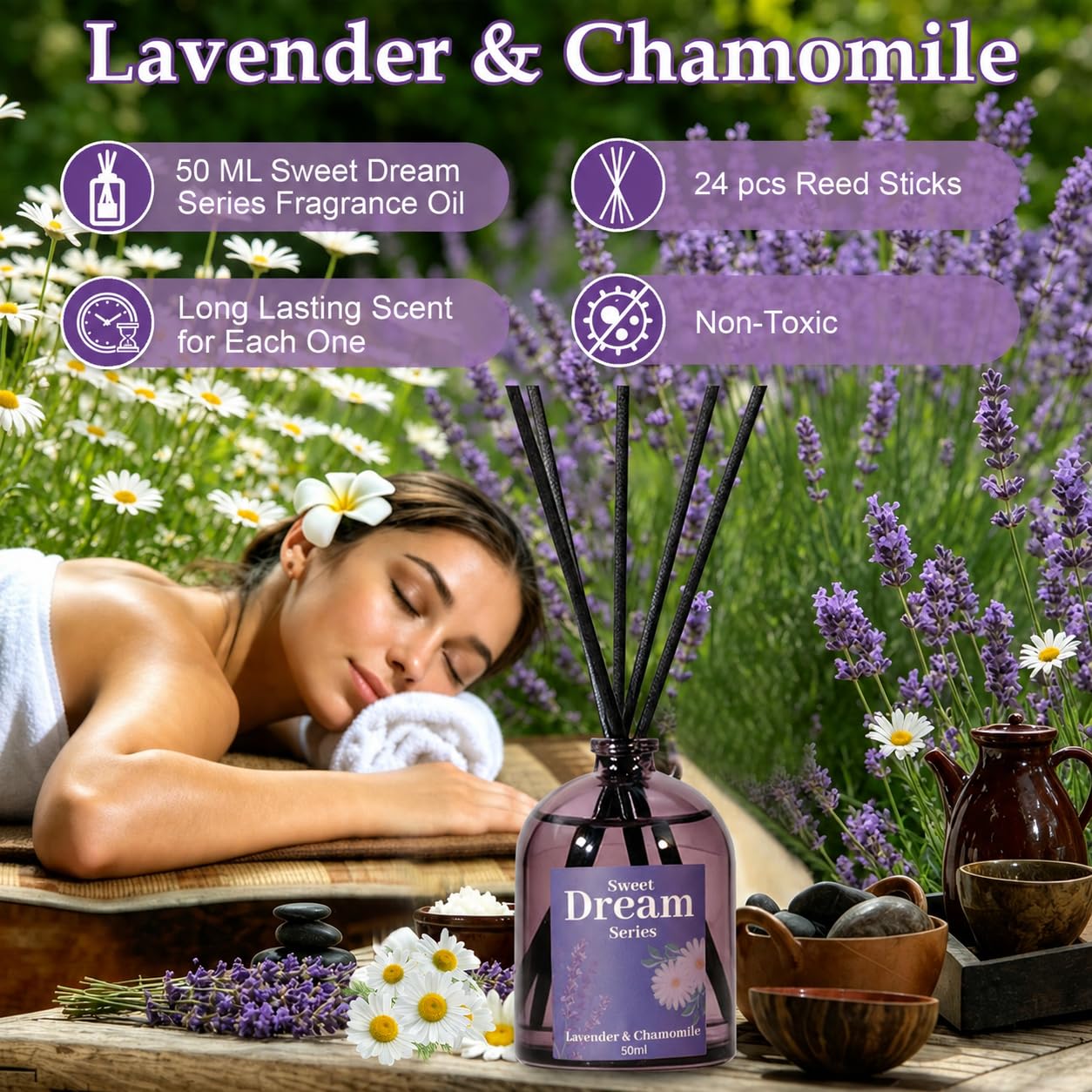 STRN Reed Diffuser Sets, Lavender Scented Oil Diffuser, Fragrance Reed Diffuser with 24 Sticks, 6.8 Fl.oz (200ml), 4 Scents Long-Lasting Air Freshener for Bedroom Bathroom Home Décor（50ml*4）