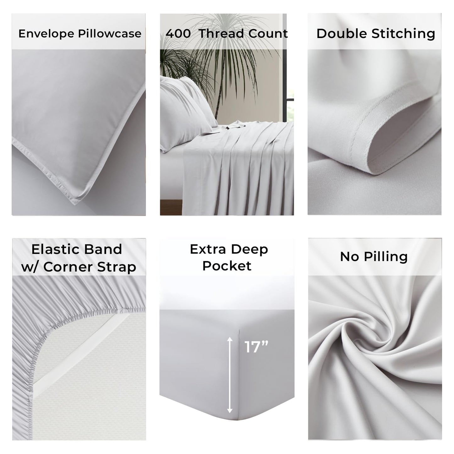 Luxury Bamboo Market | King Size Bed Sheet Set | 100% Viscose Made from Bamboo | Organically Grown | Ultra Soft | Cooling Sheets for Hot Sleepers | 17" Deep Pocket [Dove Grey]