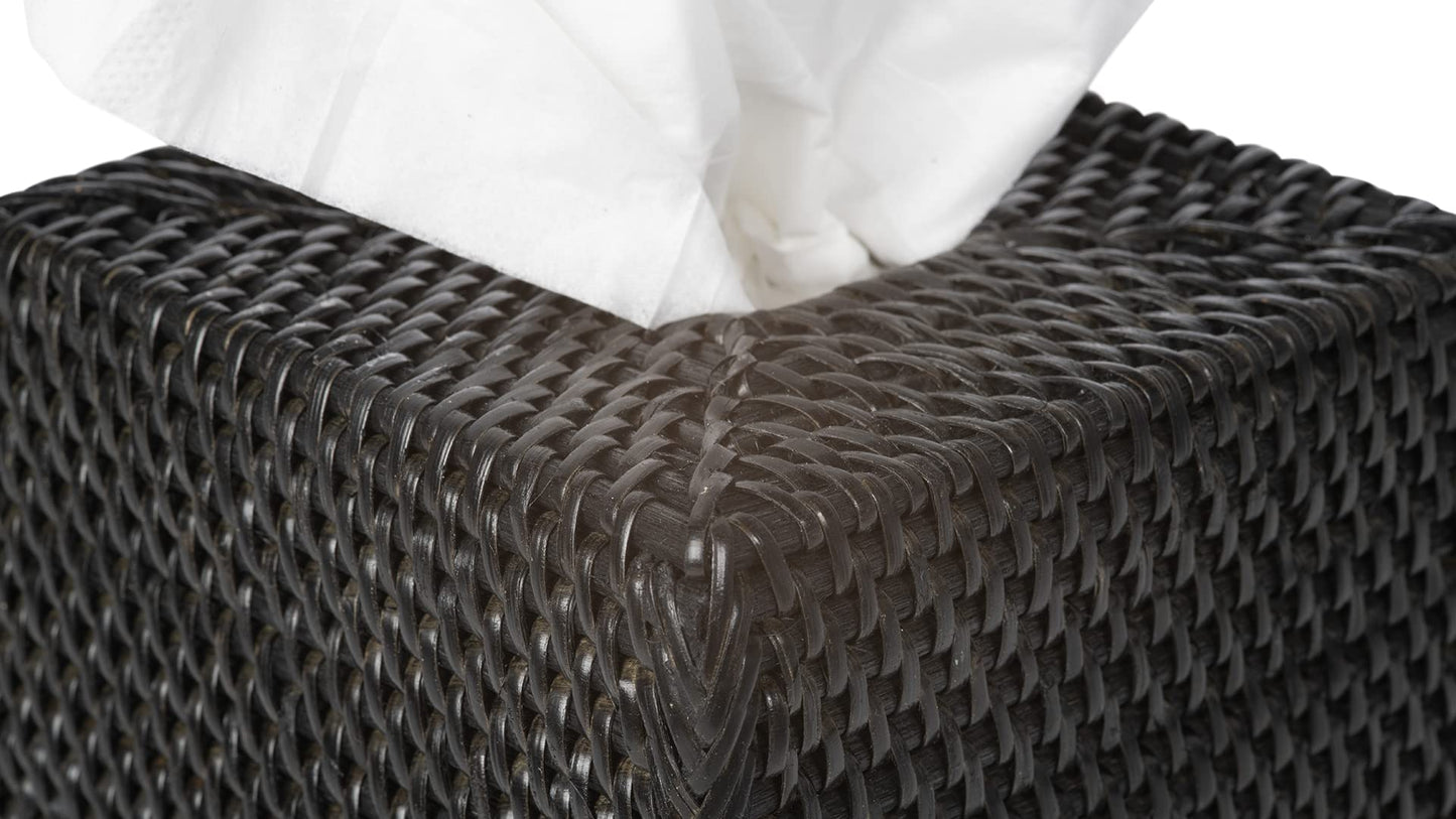 KOUBOO Loma Square Rattan Tissue Box Cover - Coastal Boho Tissue Holder for Bathroom, Guest Room, Living Room - Decorative Square Tissue Box Cover (Solid Black)