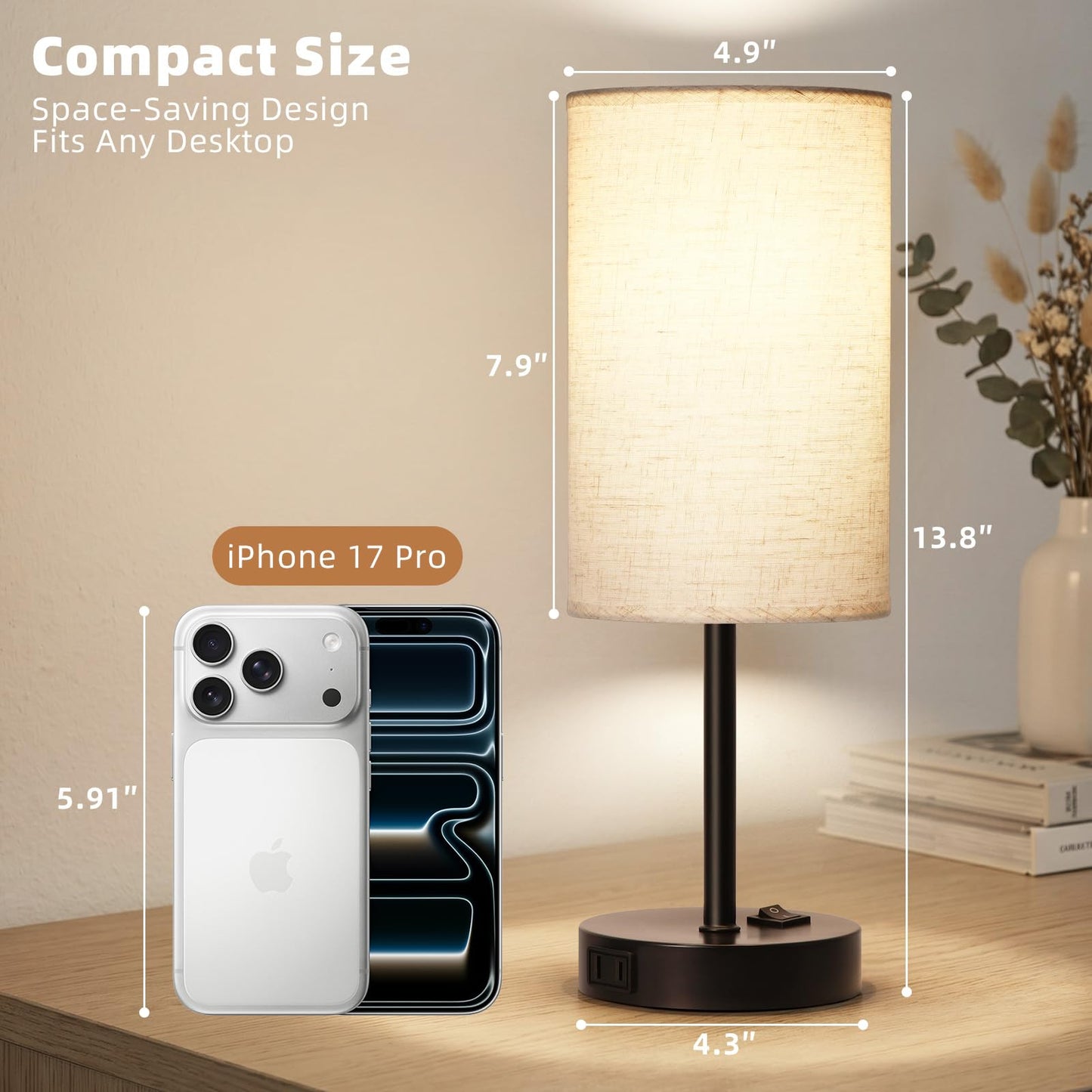 ZJOJO Table Lamp for Bedroom Set of 2, Bedside Small Lamps with 3 Way Dimmable Rocker Switch and AC Outlet, Nightstand Desk Lamp with Flaxen Fabric Shade Black Base for Living Room Home Decor Lights