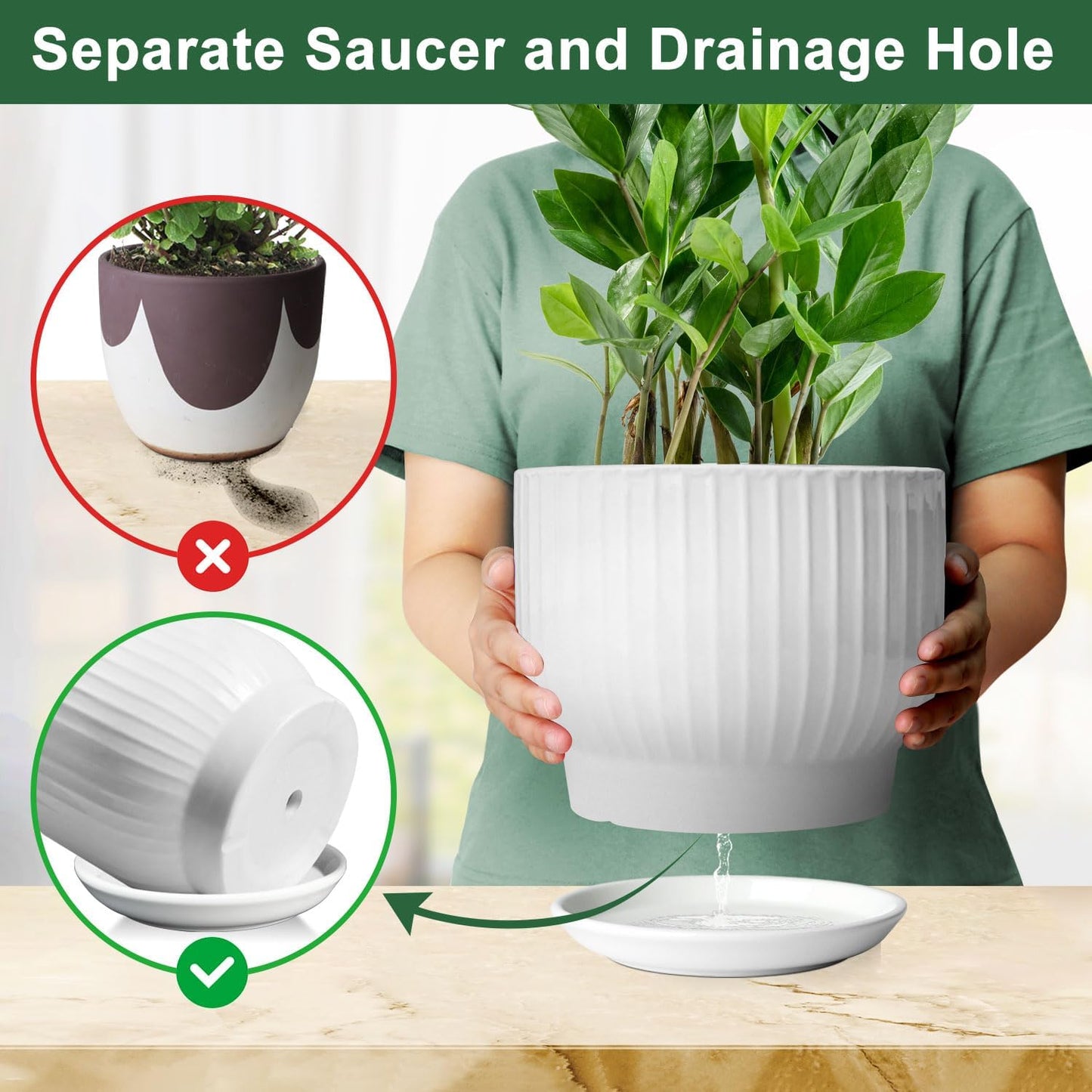 YUFDA 8 Inch Plant Pot,Ceramic Planter with Drainage and Saucer,Ceramic Pots for Plants,Indoor Plant pots,Ceramic Flower pots(Pure White, Plants NOT Included)