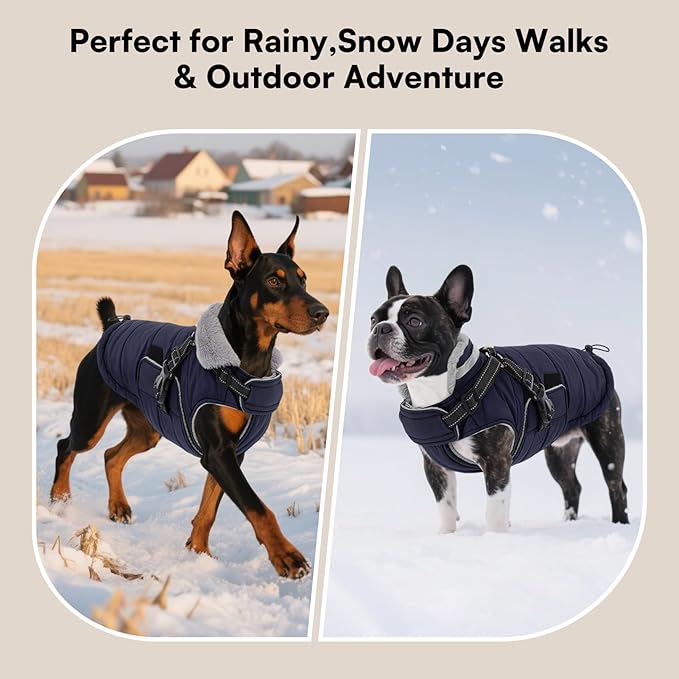 Queenmore Winter Dog Jackets for Extra Large Dogs with Harness Built-in, Waterproof Puffer Coat for Large Breed, Pet Snow Jacket for Winter/Cold Weather - Fleece Easy On Reflective, Navy XL