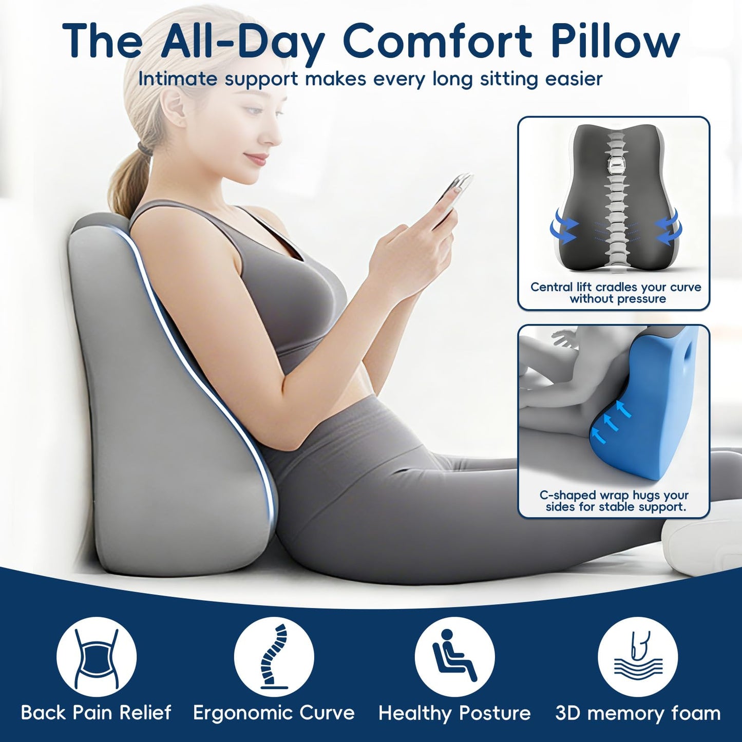 Flewbow Natural Latex Wedge Pillow Ergonomic Support Cushion for Back, Waist & Leg Relief - Multi - Functional Body Positioner, Grey