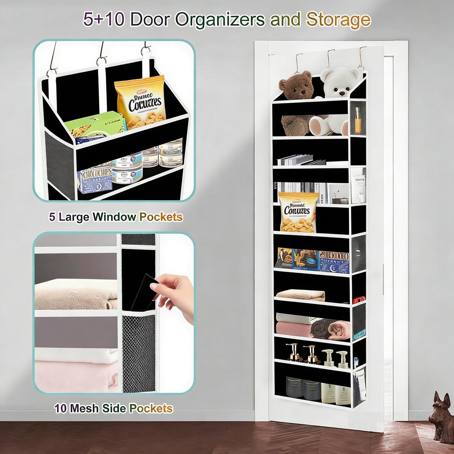XiflLife Over The Door Organizer Closet,5 Bins 10 Side Pockets,Hanging Organizer,Anti Tilt 44 lbs Load Door Organizers and Storage with Clear Window for Bedroom,Nursery,Rv,Bathroom,Camper(Pure Black)