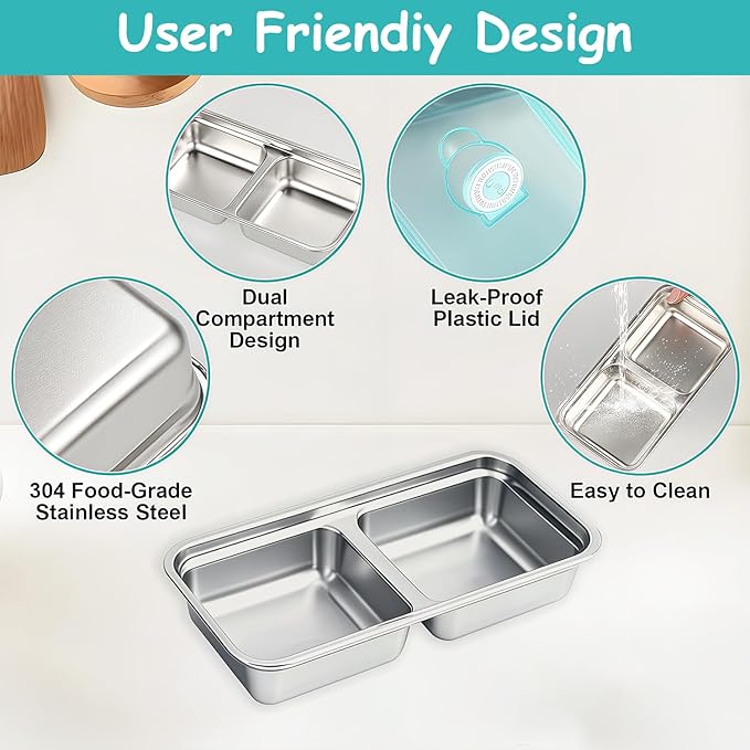 BSTUR 4Pcs 304 Stainless Steel Bento Boxes, 30 oz 2 Compartments Portable Food Storage Containers Snack Boxes with Leakproof Lids, Divided Meal Prep Lunch Box Food Container Dishwasher Safe