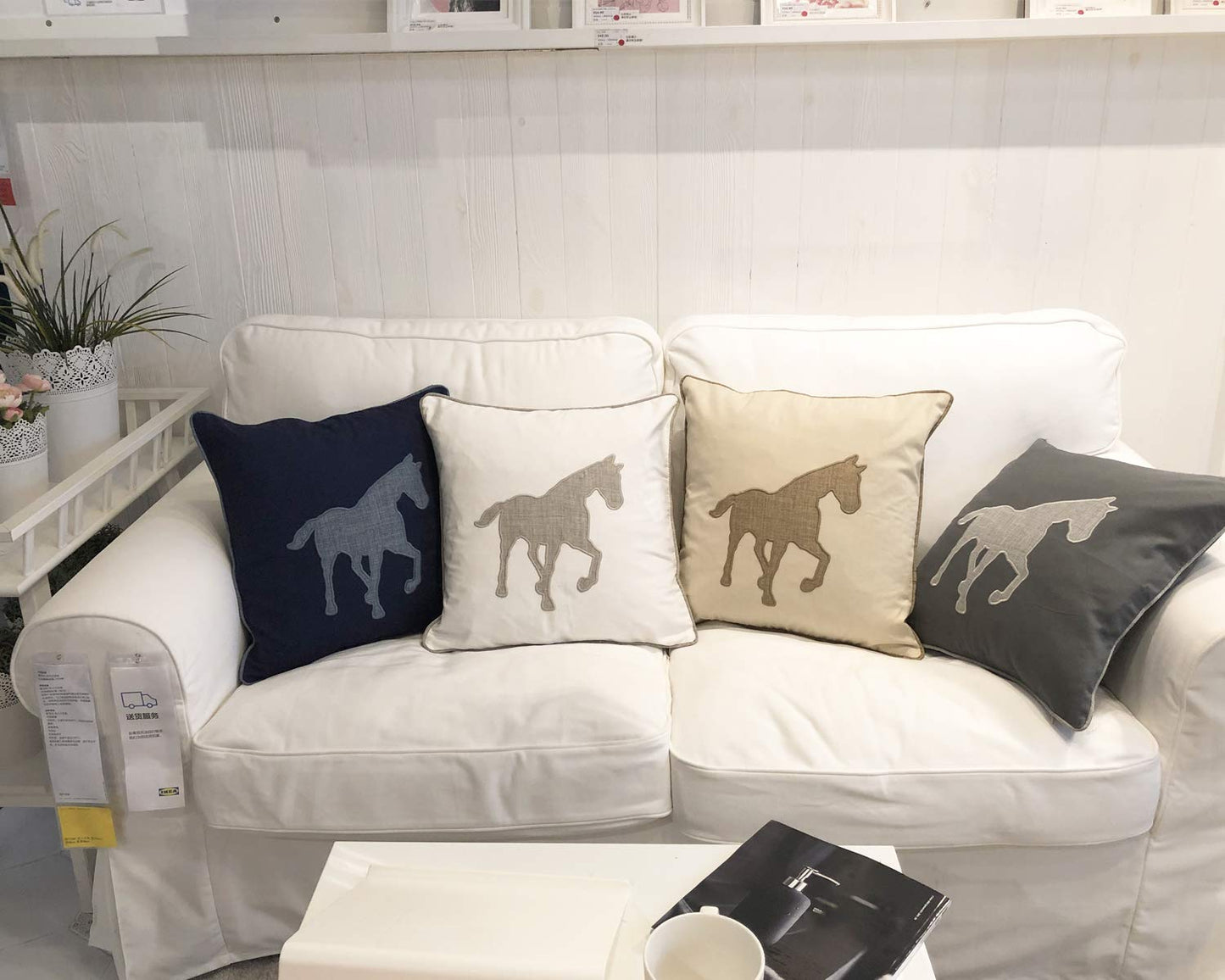 millianess Animal Cotton Throw Pillow Covers Horse Pattren Embroidered 18x18 Inches for Couch Cushions Covers (White) …
