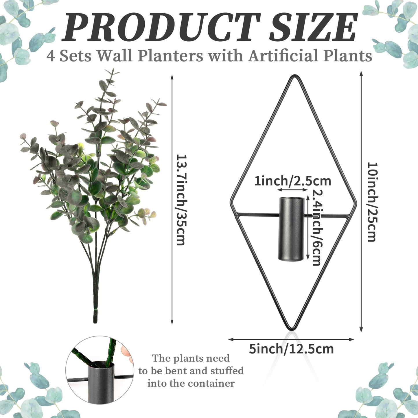 Jaarssho Wall Decor Hanging Planters with Artificial Plants, Modern Metal Wall Planter Set with Greenery Eucalyptus, Geometric Fake Plants for Black Decor Living Room Aesthetic (4 Pcs)
