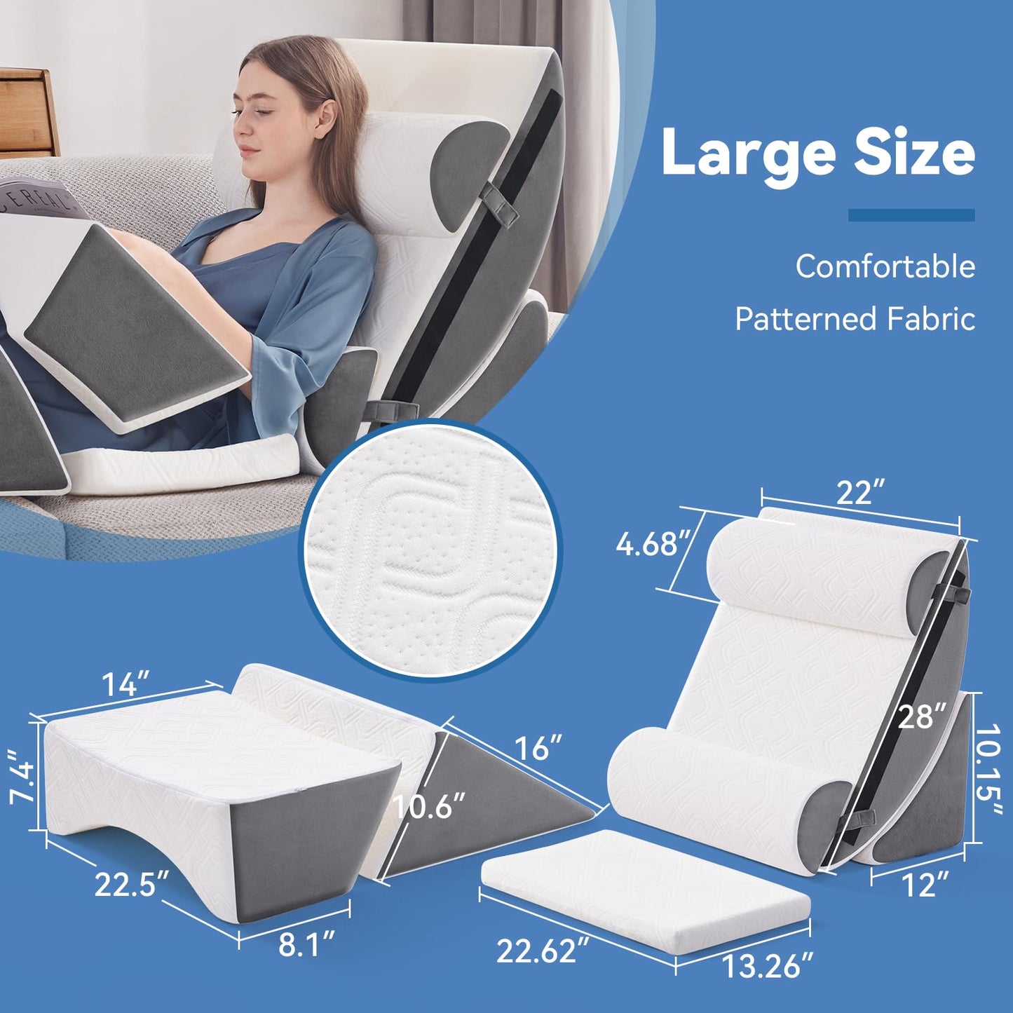 Negwoo Wedge Pillow Set for After Surgery, 7 PCS Bed Wedge Pillow for Sleeping, Memory Foam Orthopedic Back Pillow for Pain Relief and Acid Reflux, Adjustable Post Surgery Pillow Grey