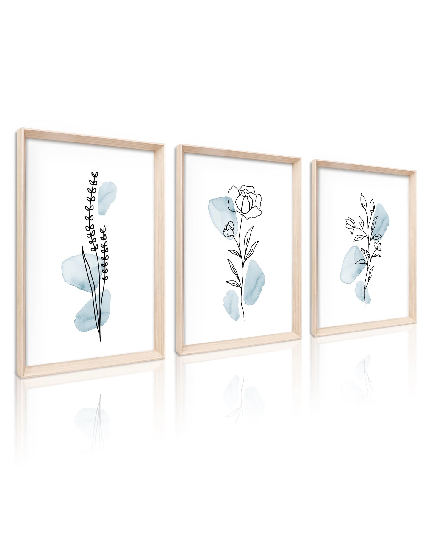 HesenDot Framed Blue Floral Canvas Wall Art,Minimalist Botanical Wall Art Decor,12x16IN Wood High Framed Prints,Boho Flowers Artworks Prints Posters for Living Room,Kitchen,Bedroom Set of 3