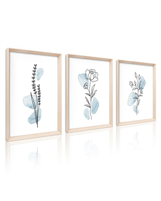 HesenDot Framed Blue Floral Canvas Wall Art,Minimalist Botanical Wall Art Decor,12x16IN Wood High Framed Prints,Boho Flowers Artworks Prints Posters for Living Room,Kitchen,Bedroom Set of 3