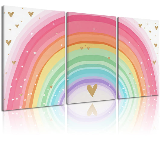 Girls Rainbow Canvas Wall Art Set of 3, Colorful Nursery Wall Decor Painting, Kids Heart Picture Poster Prints for Classroom Kids Room Baby Room Bedroom Dorm Home Decoration 12x16in